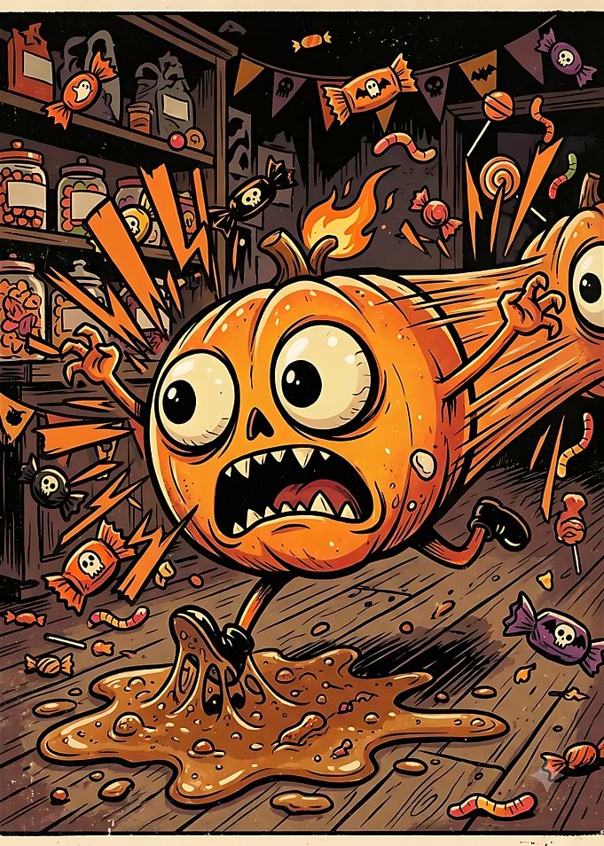 Panic Pumpkin Running Through Candy Store