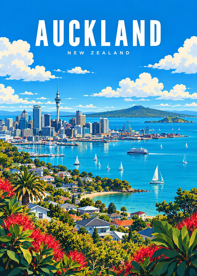 Auckland New Zealand Travel Poster