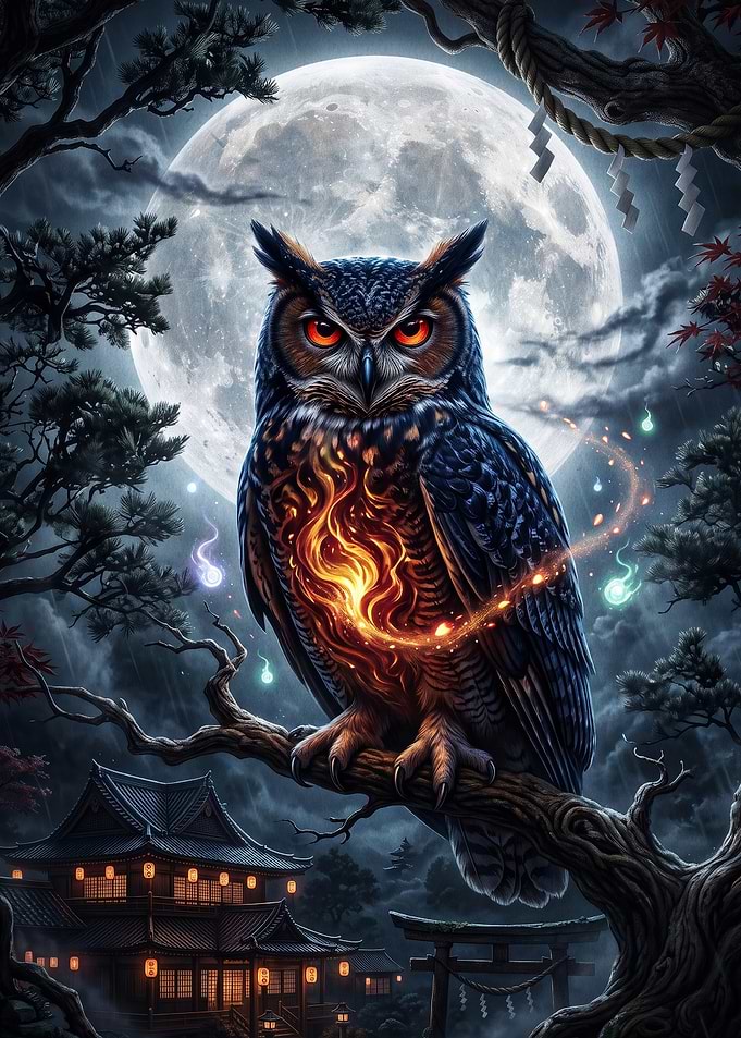 Mystical Fire Owl in Japanese Night