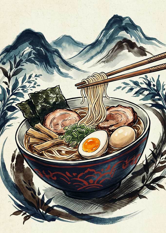 Ramen Bowl Japanese Watercolor Art Chopsticks Noodles Mountain Landscape Food Print Poster