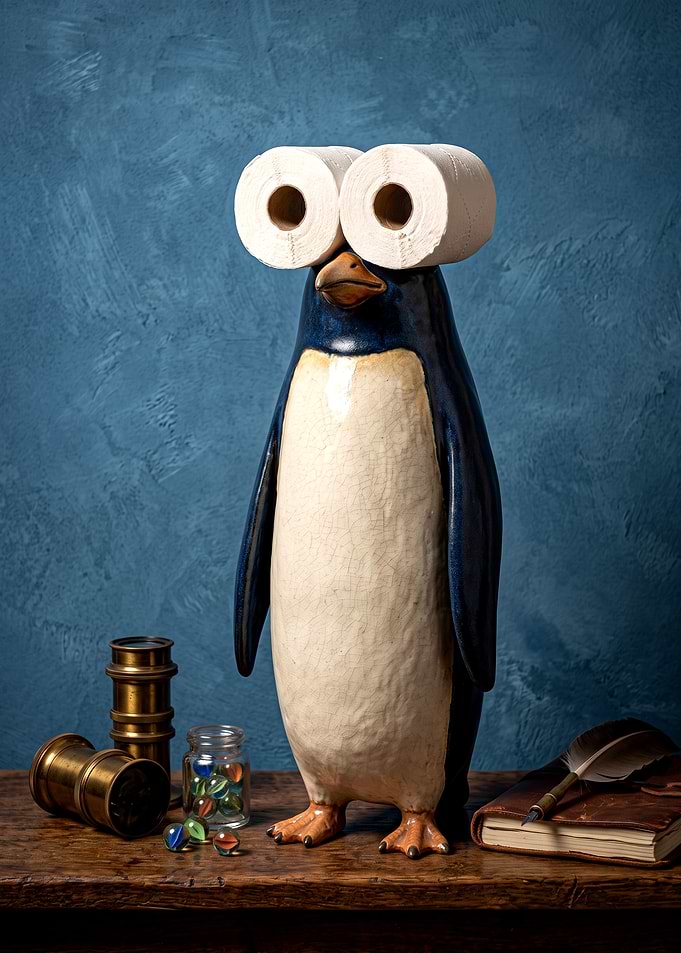 Whimsical Penguin Sculpture with Toilet Paper