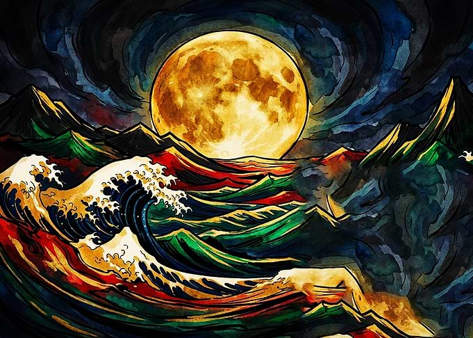 Stained Glass Style Moonlit Ocean