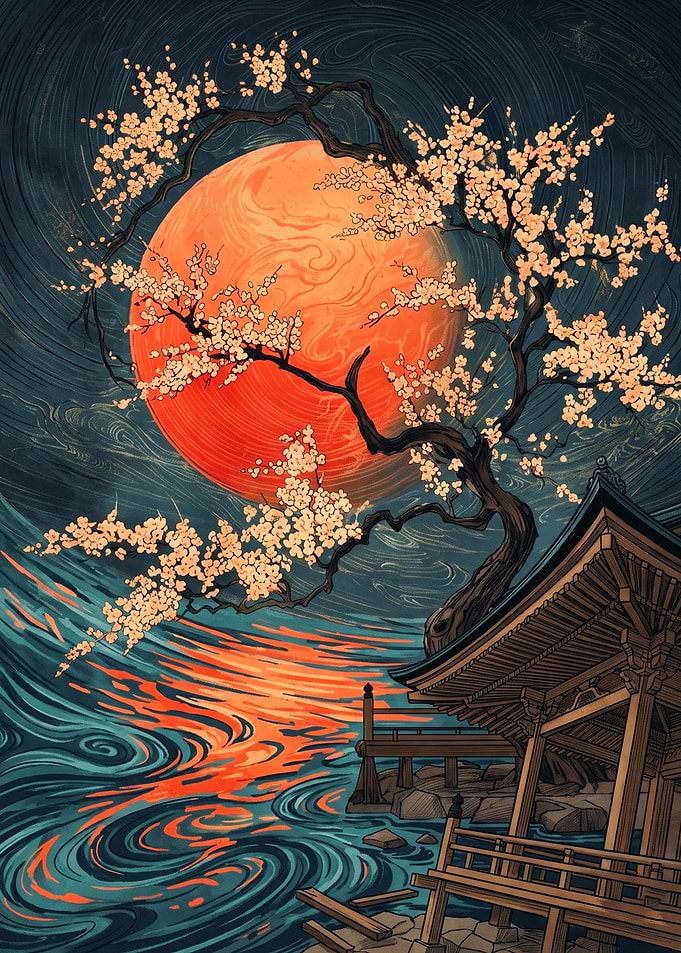 Japanese Cherry Blossom Ukiyo E Art Print Red Sun Pagoda Landscape Night Sky Poster