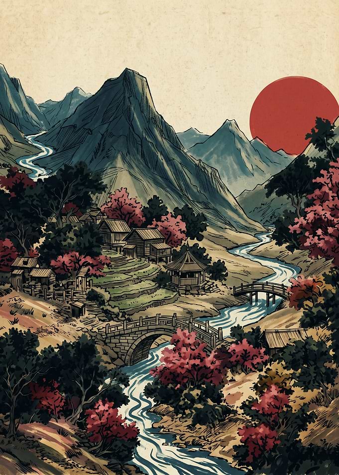 Japanese Village Mountain Landscape Ukiyo E Art Red Sun Cherry Blossom Bridge Print