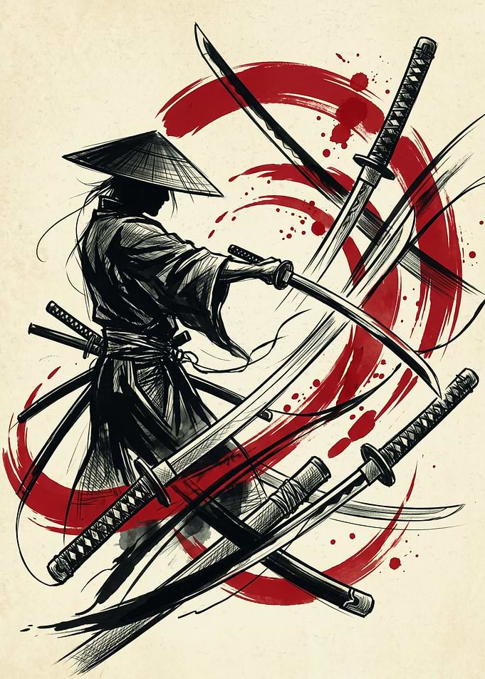 Samurai Warrior Katana Ink Sketch Red Sun Brush Stroke Japanese Bushido Wall Art Print