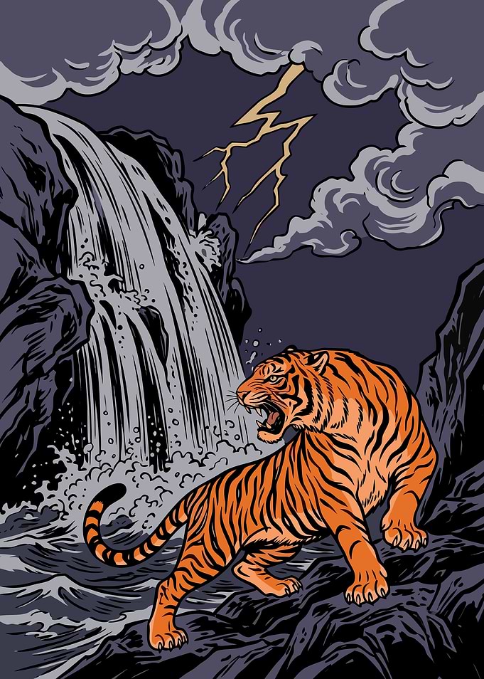 Fierce Tiger Before a Stormy Waterfall