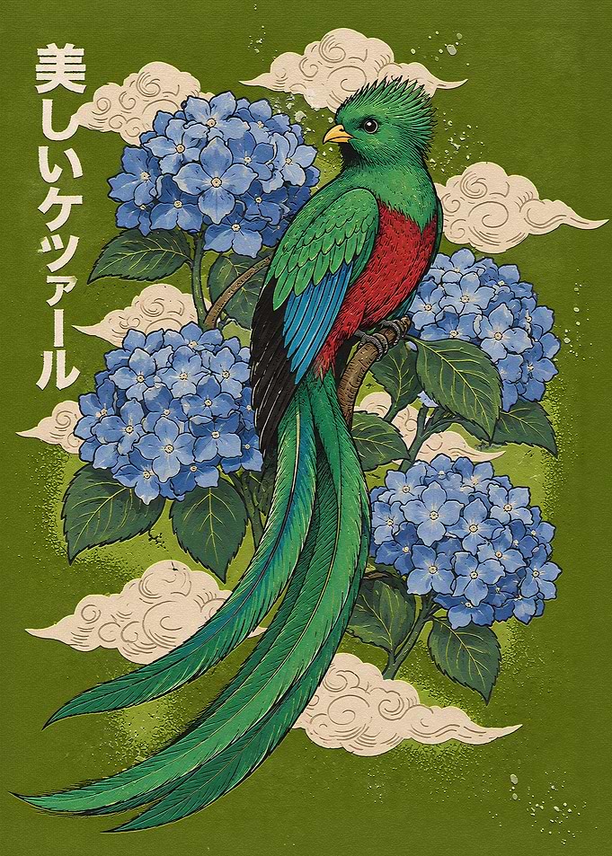 Resplendent Quetzal with Blue Hydrangeas