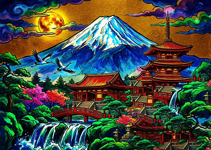Vibrant Mount Fuji and Pagoda Landscape