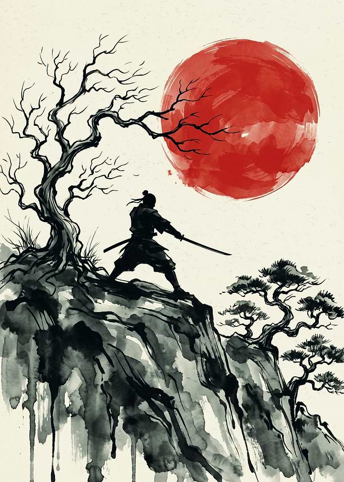 Samurai Warrior Japanese Ink Wash Painting Red Sun Bonsai Tree Cliff Art Print
