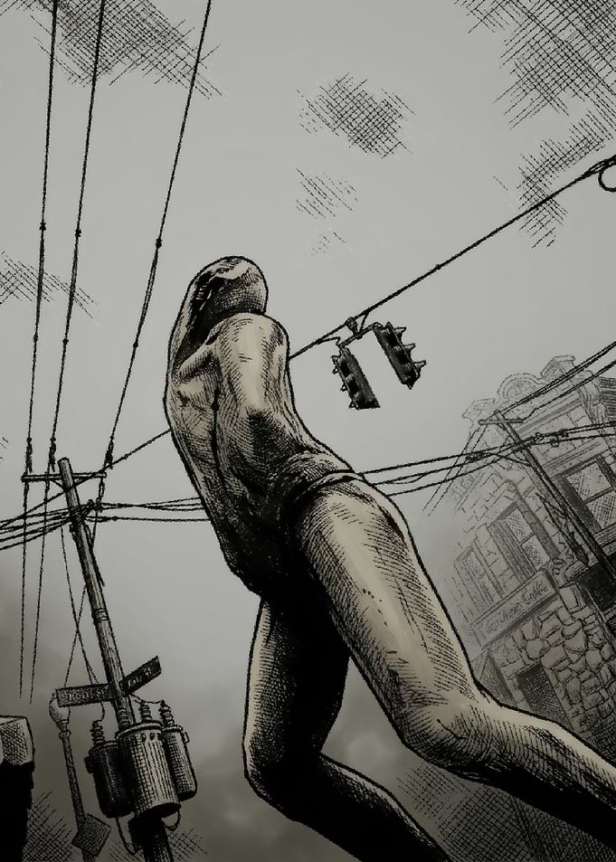 Giant Surreal Creature in Cityscape