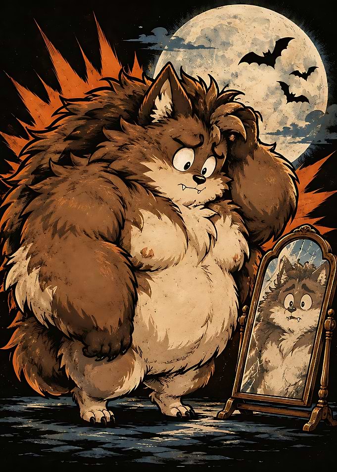 Confused Werewolf Looking in Mirror