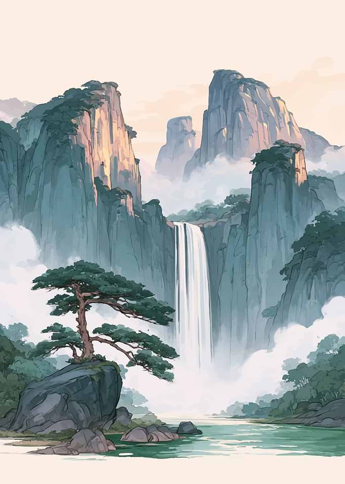 Serene Waterfall and Mountain Landscape