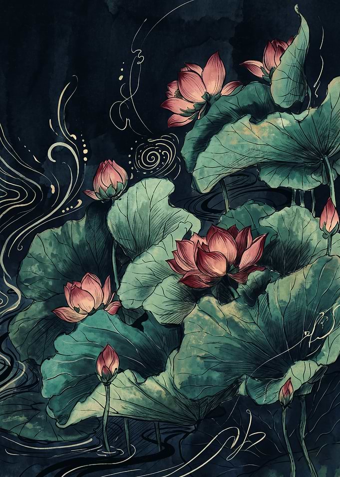 Pink Lotus Flower Water Lily Dark Botanical Watercolor Art Floral Pond Wall Poster