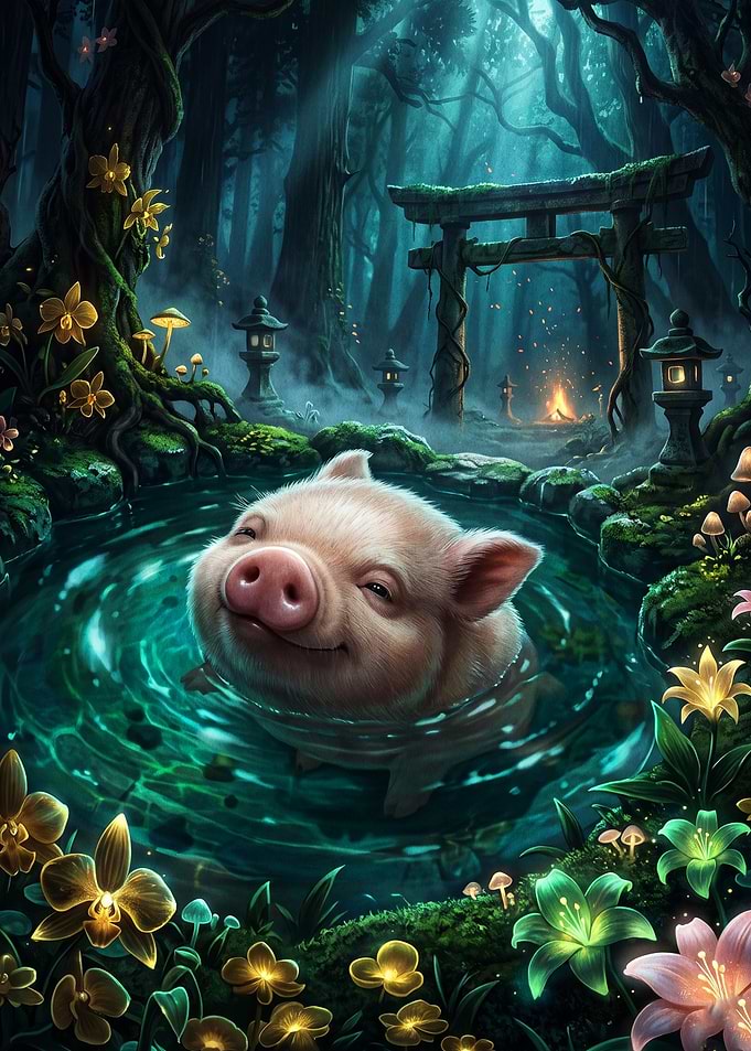 Happy Piglet in Enchanted Forest Pond