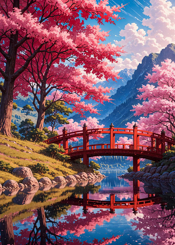 Red Bridge in Cherry Blossom Landscape Japan