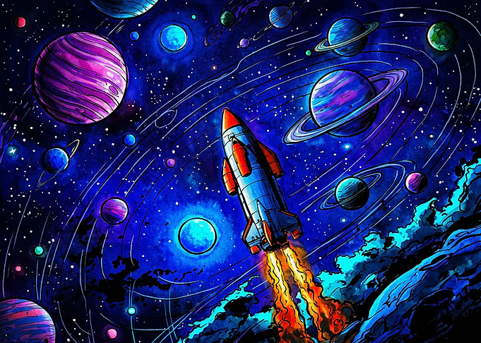 Vibrant Rocket Launching Through Space