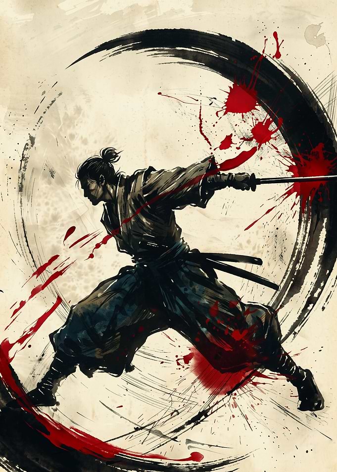 Samurai Warrior Japanese Ink Brush Art Red Blood Splash Enso Circle Wall Art Poster