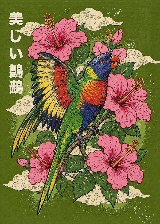 Vibrant Lorikeet and Hibiscus Illustration