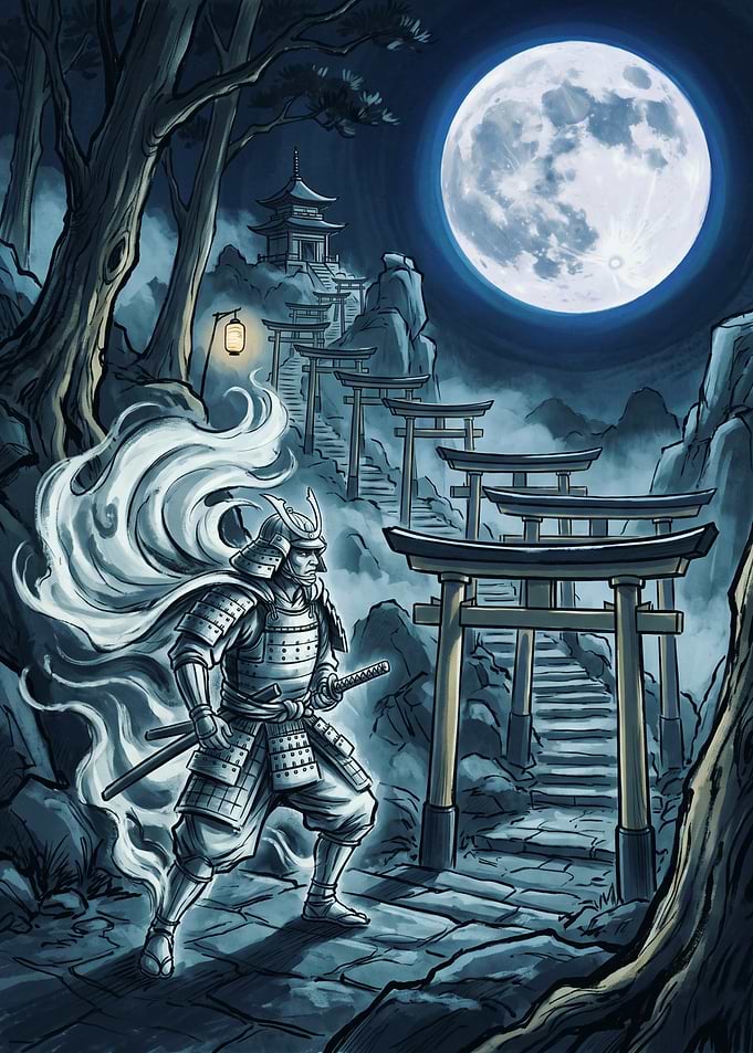 Samurai Warrior Japanese Art Print Full Moon Torii Gates Shrine Night Landscape Poster