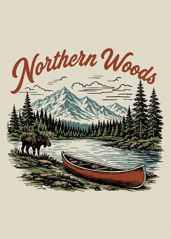 Northern Woods Moose and Canoe Illustration