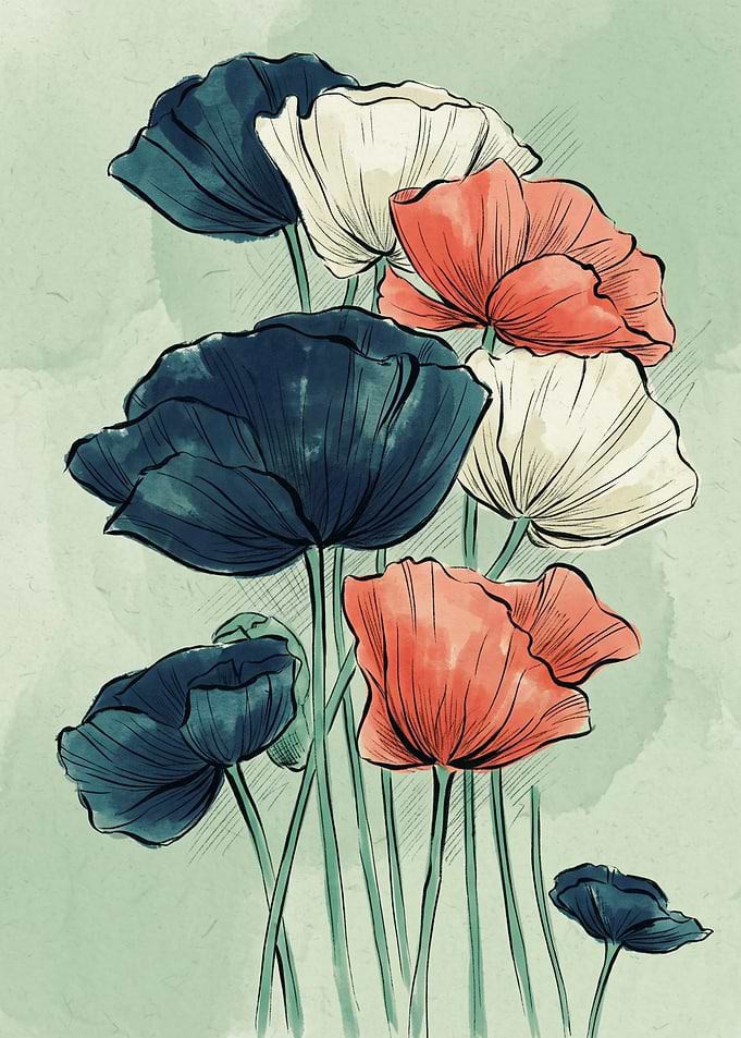 Poppy Flowers Botanical Watercolor Art Print Floral Vintage Aesthetic Wall Decor Poster