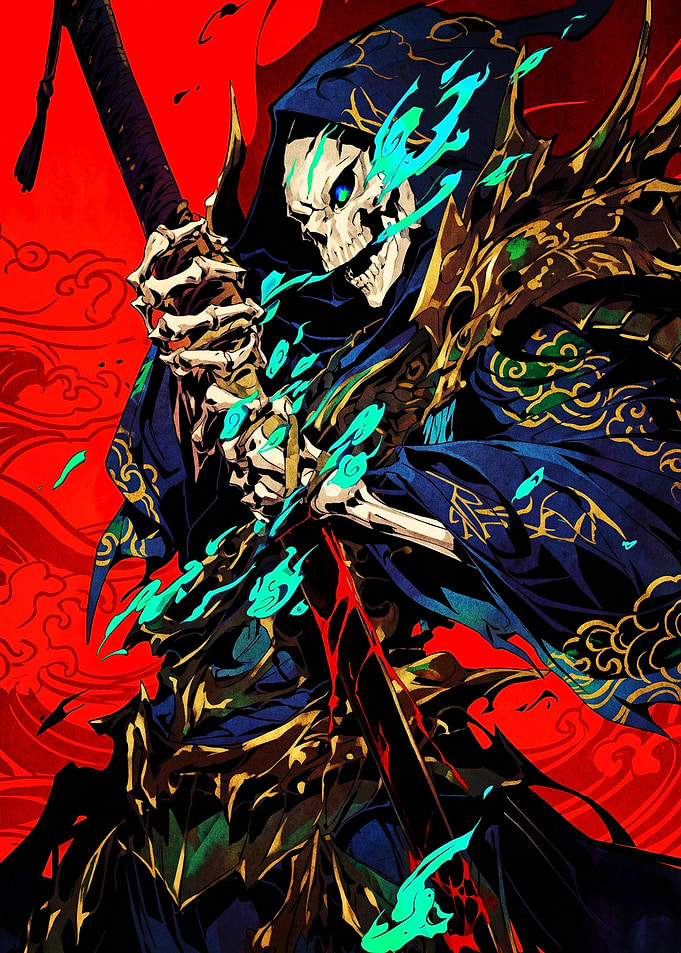 Skeleton Samurai Warrior with Blue Flames