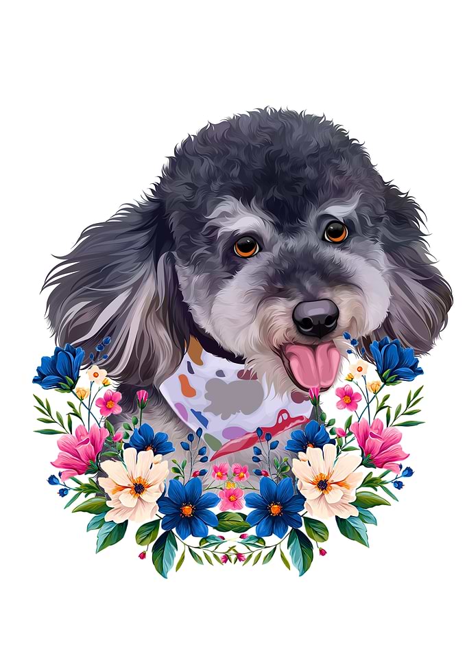 Cute Poodle Portrait with Floral Wreath