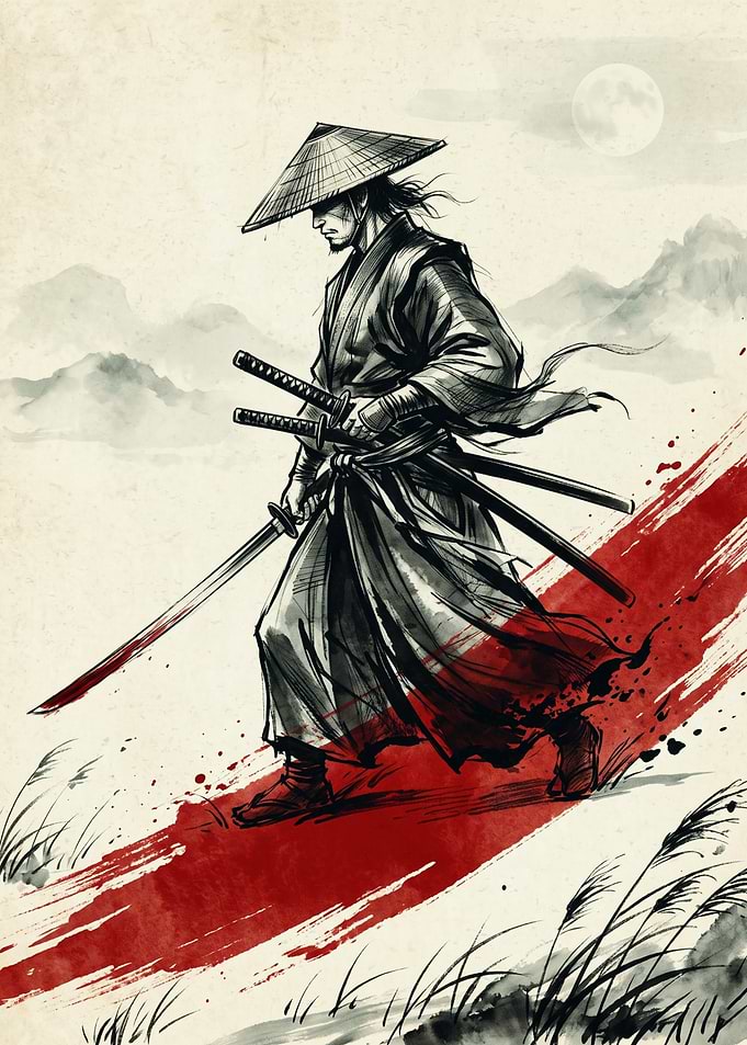 Samurai Warrior Ink Wash Painting Japanese Art Print Ronin Swordsman Poster Decor