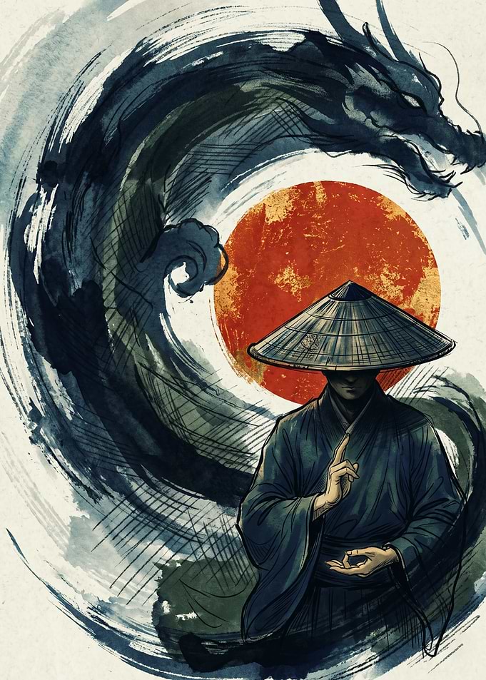 Samurai Dragon Japanese Ink Wash Art Red Sun Asian Warrior Aesthetic Wall Poster Print