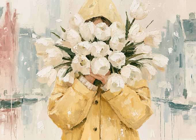 Person in Yellow Raincoat Holding Tulips