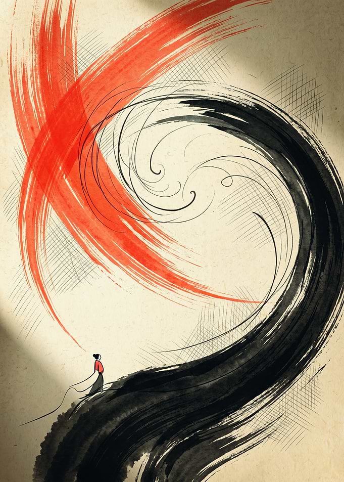 Minimalist Japanese Calligraphy Art Print Red And Black Brush Stroke Aesthetic Poster