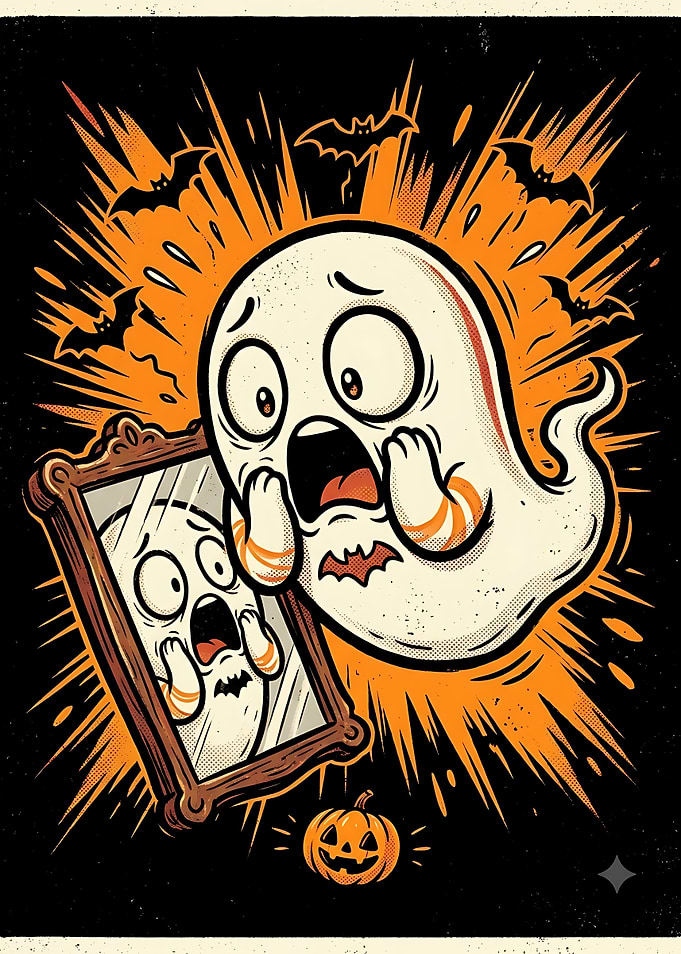 Scared Ghost Looking in Mirror
