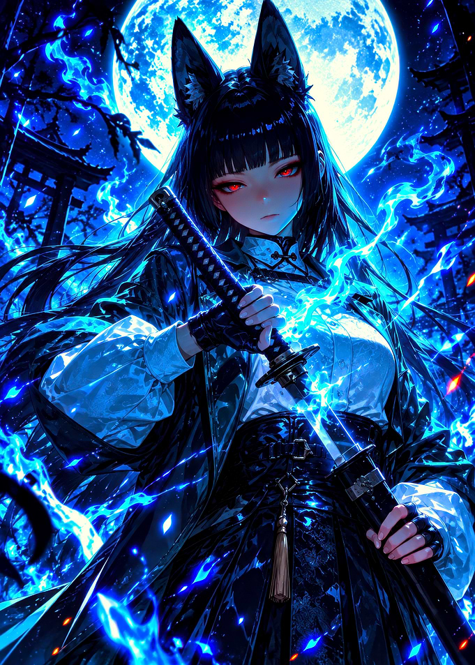 Zenless Zone Zero Hoshimi Miyabi Blue Moon Fox Samurai Anime Poster