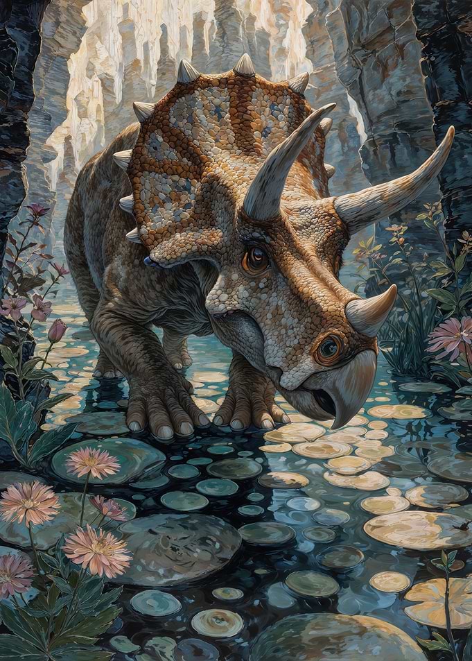 Horned Dinosaur Wading Through Crystal Cavern Stream