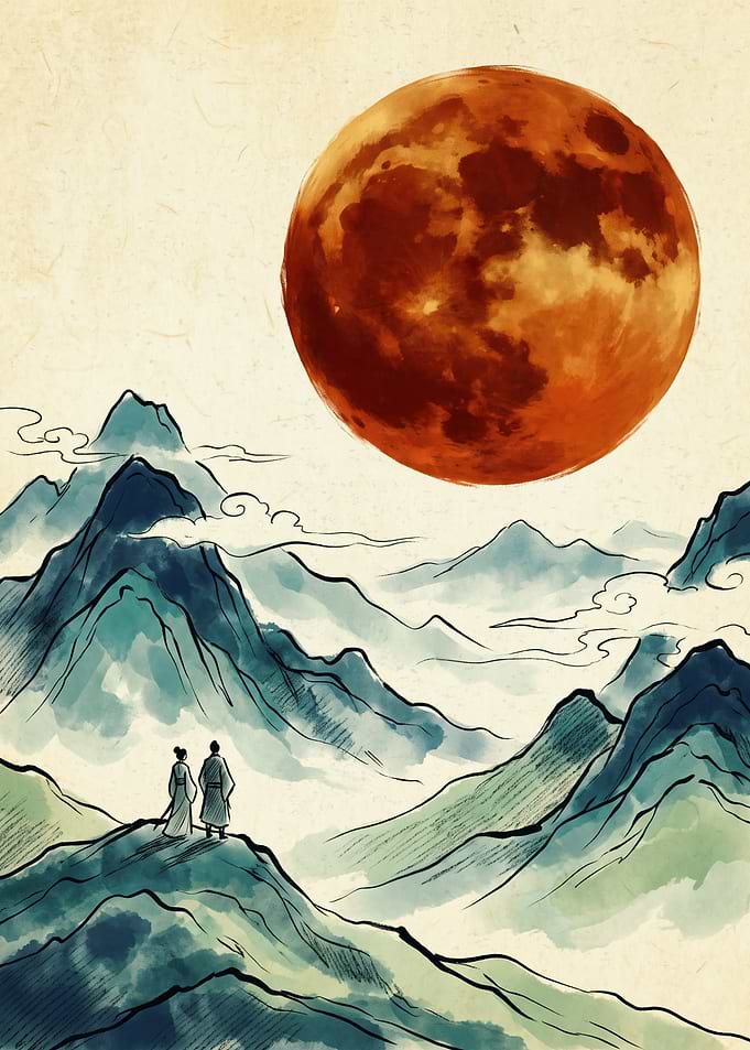 Asian Mountains Landscape Chinese Ink Painting Red Moon Traditional Art Poster Print
