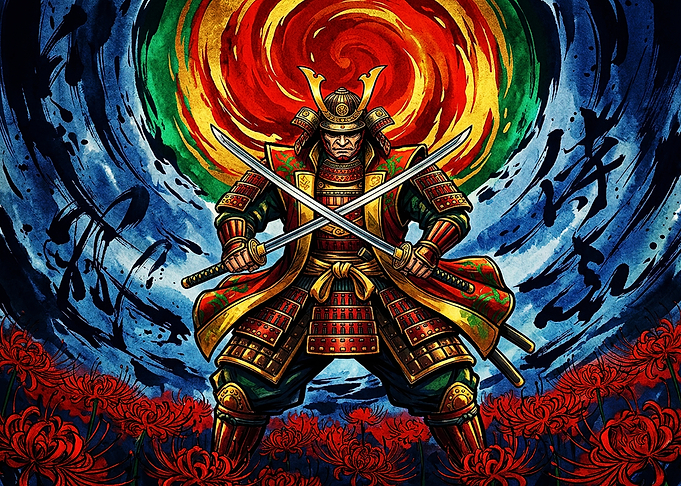 Samurai Warrior with Crossed Katanas