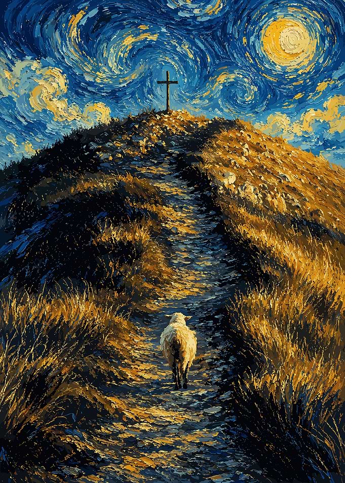 Lamb Walking Toward Cross Under Stars