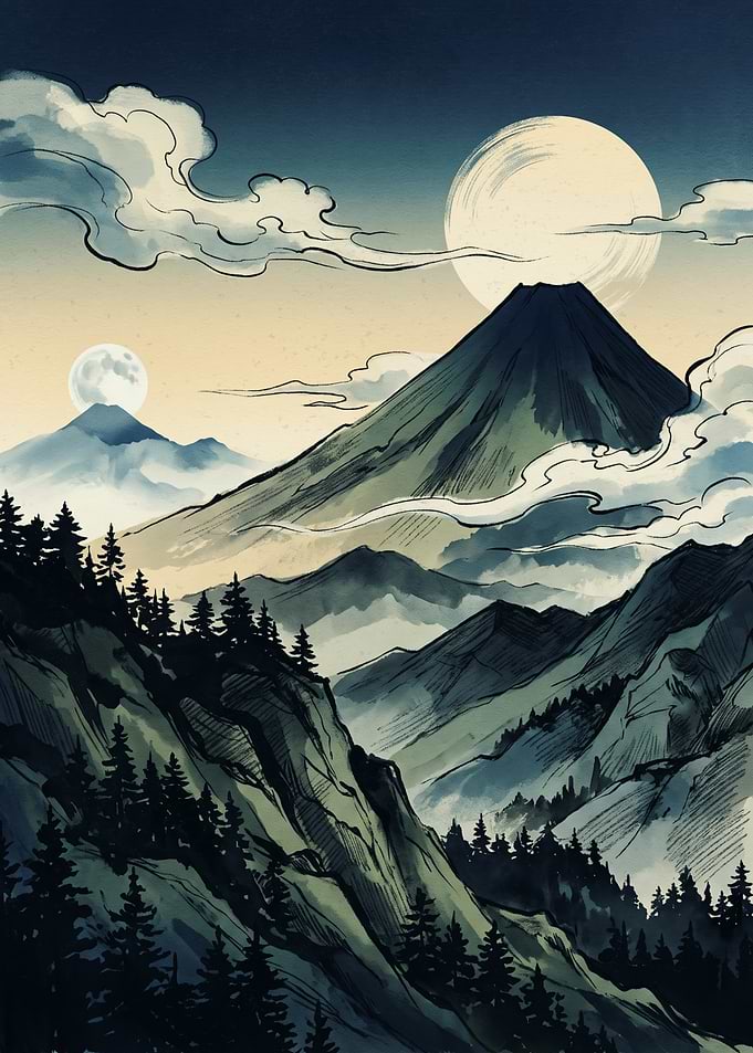 Mount Fuji Mountain Japanese Watercolor Art Print Full Moon Pine Trees Landscape Poster