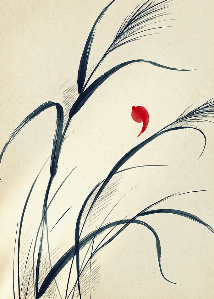 Minimalist Japanese Sumi E Ink Grass Art Print Red Leaf Zen Aesthetic Wall Decor Poster