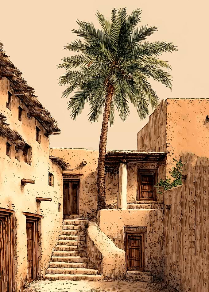 Ancient Desert Courtyard with Palm Tree