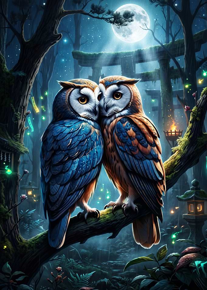 Two Owls Perched in Enchanted Forest