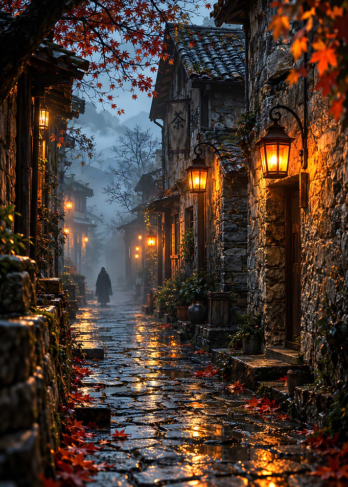 Misty Autumn Evening in Ancient Village