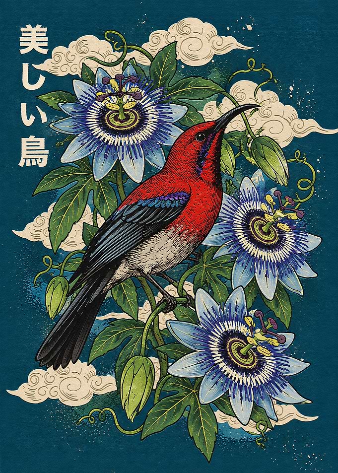 Red Bird and Passion Flowers Art