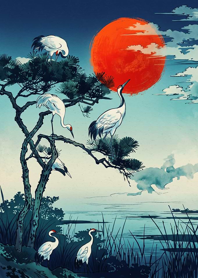 Japanese Cranes Ukiyo E Art Print Red Sun Pine Tree Asian Nature Aesthetic Wall Poster