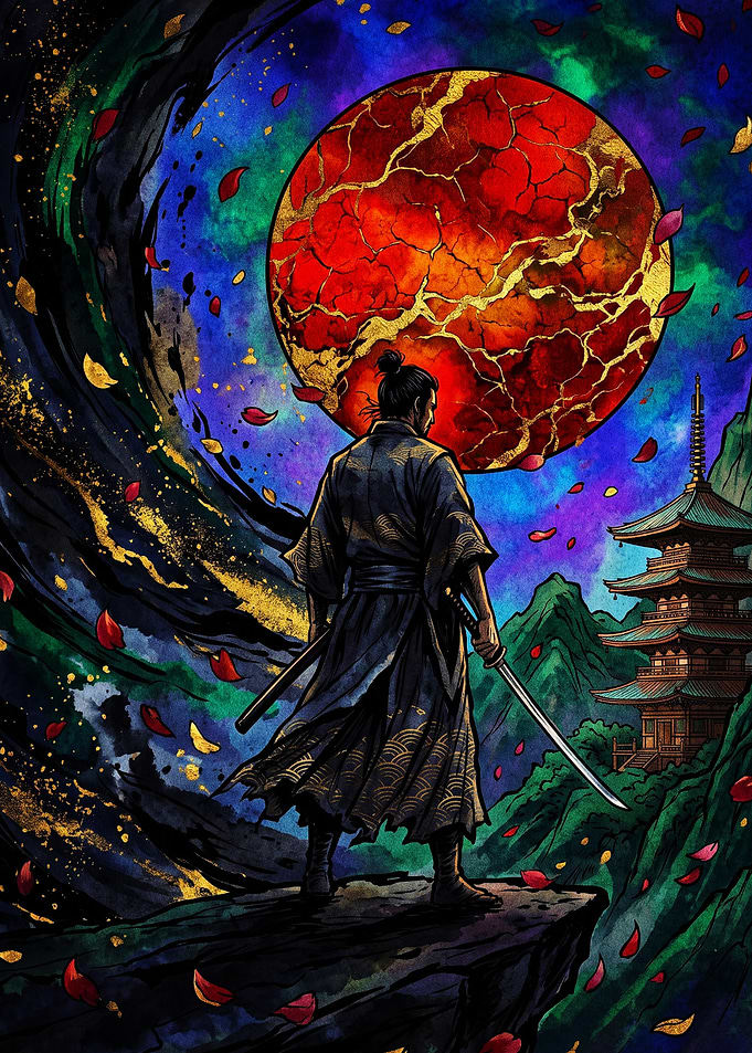 Samurai Standing Before Cracked Red Moon