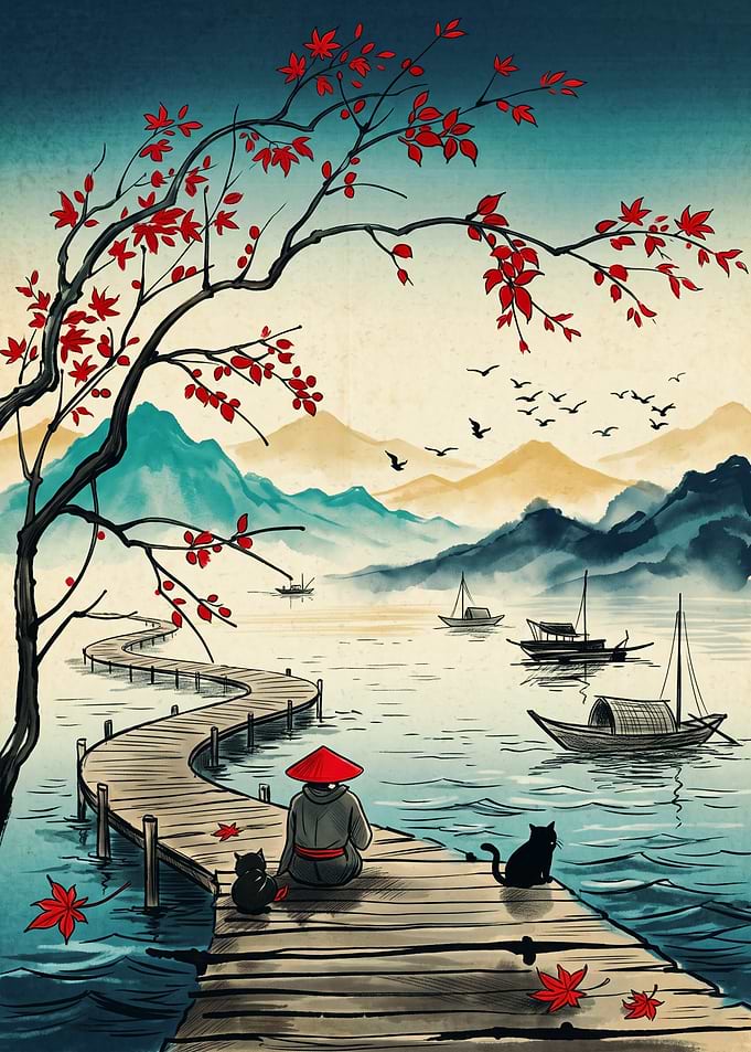 Japanese Landscape Ukiyo E Art Red Maple Tree Bridge Boats Cats Aesthetic Print