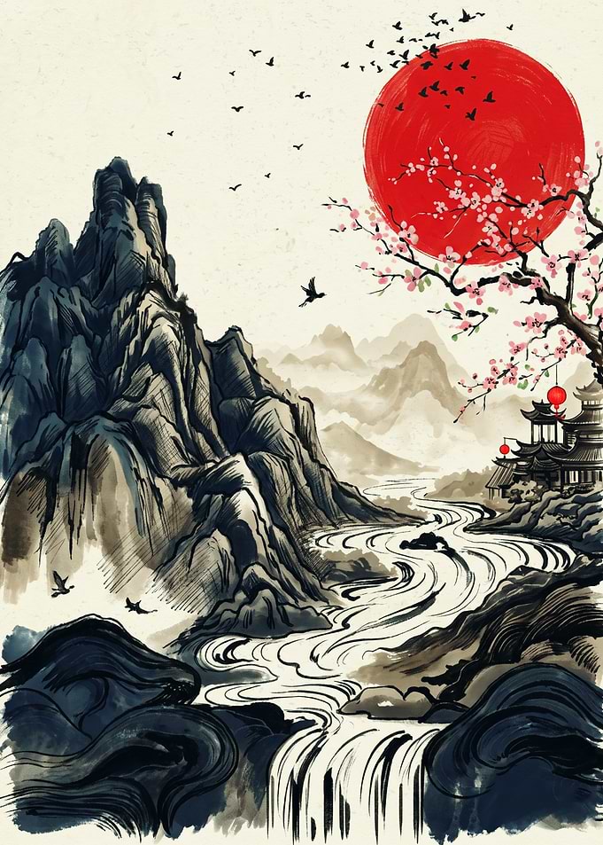 Japanese Mountain Red Sun Sumi E Art Print Cherry Blossom Pagoda Waterfall Landscape
