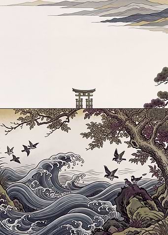 Nihonga Torii Beyond the Waves