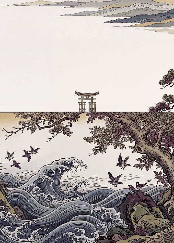 Nihonga Torii Beyond the Waves