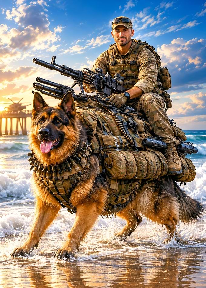 Soldier Riding Heavily Armed German Shepherd